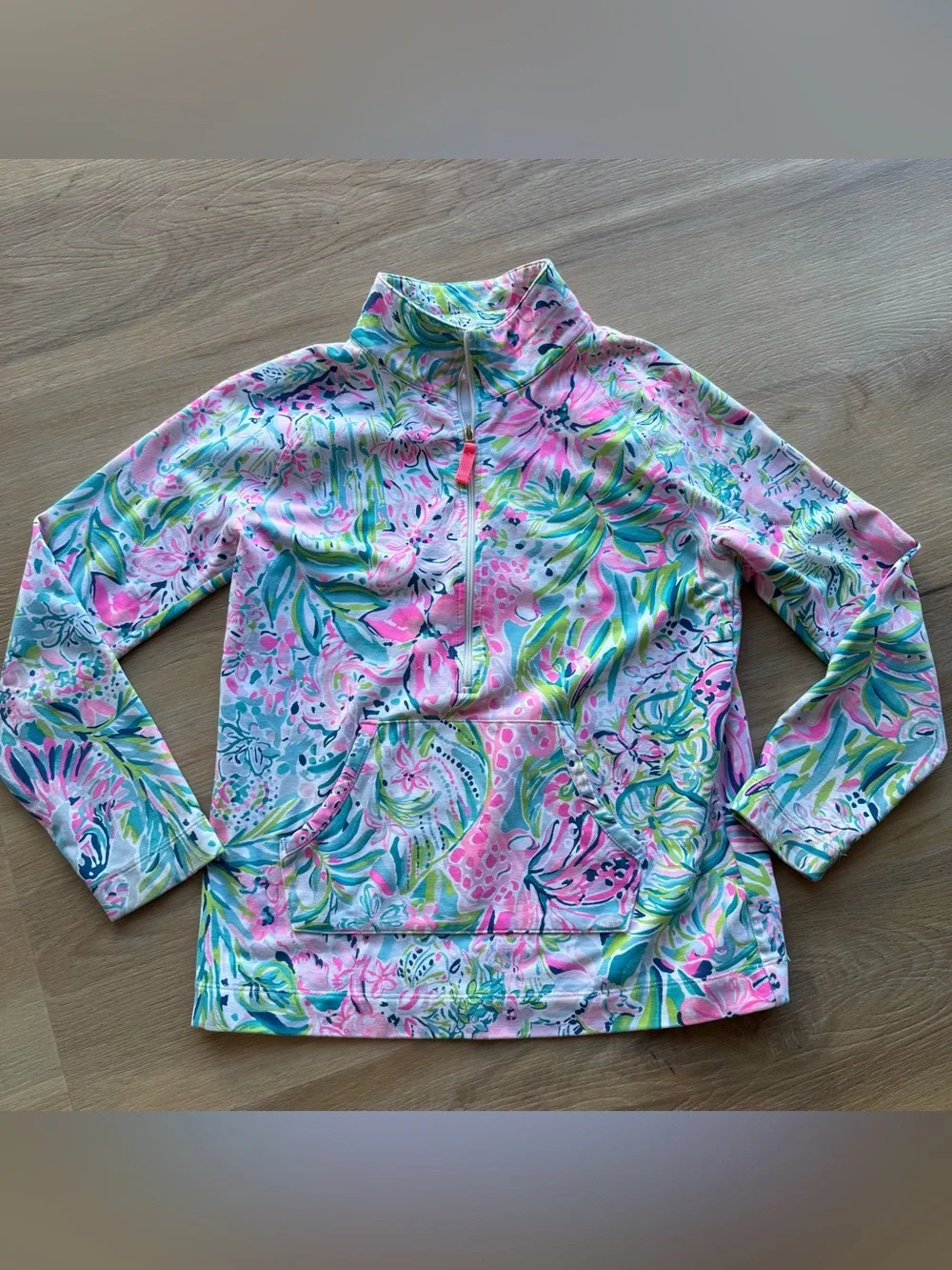 Lilly Pulitzer Sweater 12/14 pink blue floral 1/4 zipper pullover long sleeves